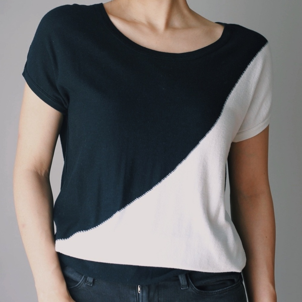 Black White Geometric Print Short Sleeve Sweater